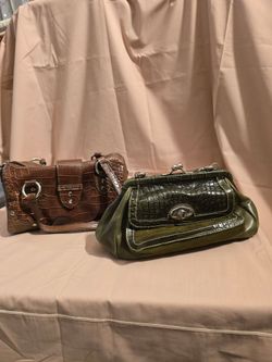 Chic Vintage-Style Handbag Bundle - Brown & Olive Green Faux-Croc (2-Piece Set)
