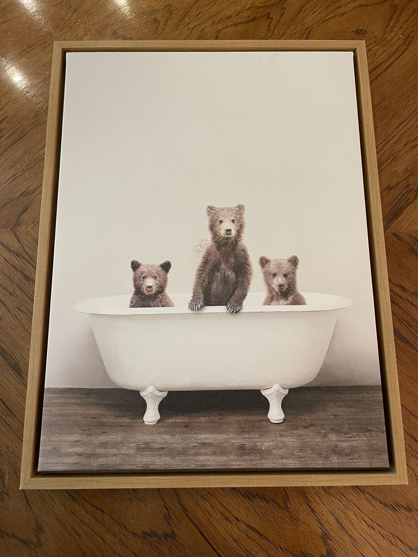 3 Bears in Tub on Canvas in Light Weight Wood Frame - Excellent to Like New Condition