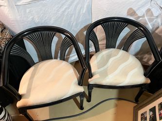 Vintage Postmodern Black Lacquer Fan-Back Accent Chairs - Pair