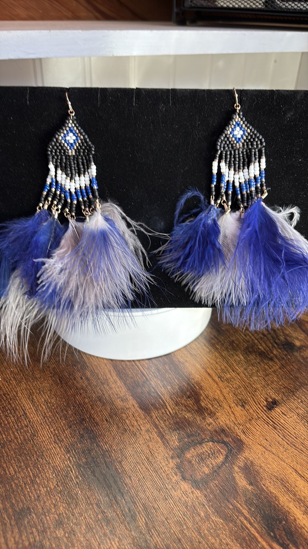 Express Blue and Black Statement Earrings with Feather Accents