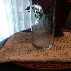 VTG. PASABAHCE GLASS CYLINDER VASE WITH ETCHED FLORAL PATTERN.