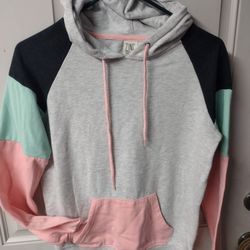 Y2K Sz small woman's color block hoodie. Subdued retro colors. Cute fall hoodie