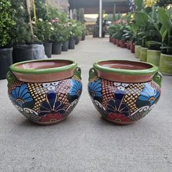 Talavera Small Green Rim Clay Pots. Planters. Plants. $35 cada una.