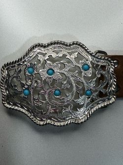Western Belt Buckle Silver Tone with Turquoise Accent Tan Faux Leather