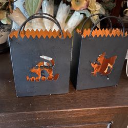 Four Black Metal Halloween Fall Witch and Black Cat Candle Luminaries