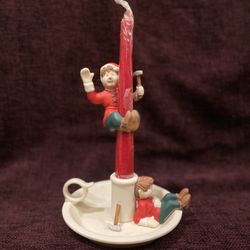 CHRISTMAS PartyLite Santa’s Elves Saucer Candlestick Holder And Candle Hugger