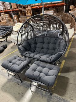 New Double Birdcage Lounge Chair 600 lbs Capacity Indoor Outdoor Wicker Double Egg Chair Set w/ Ottoman Footrest