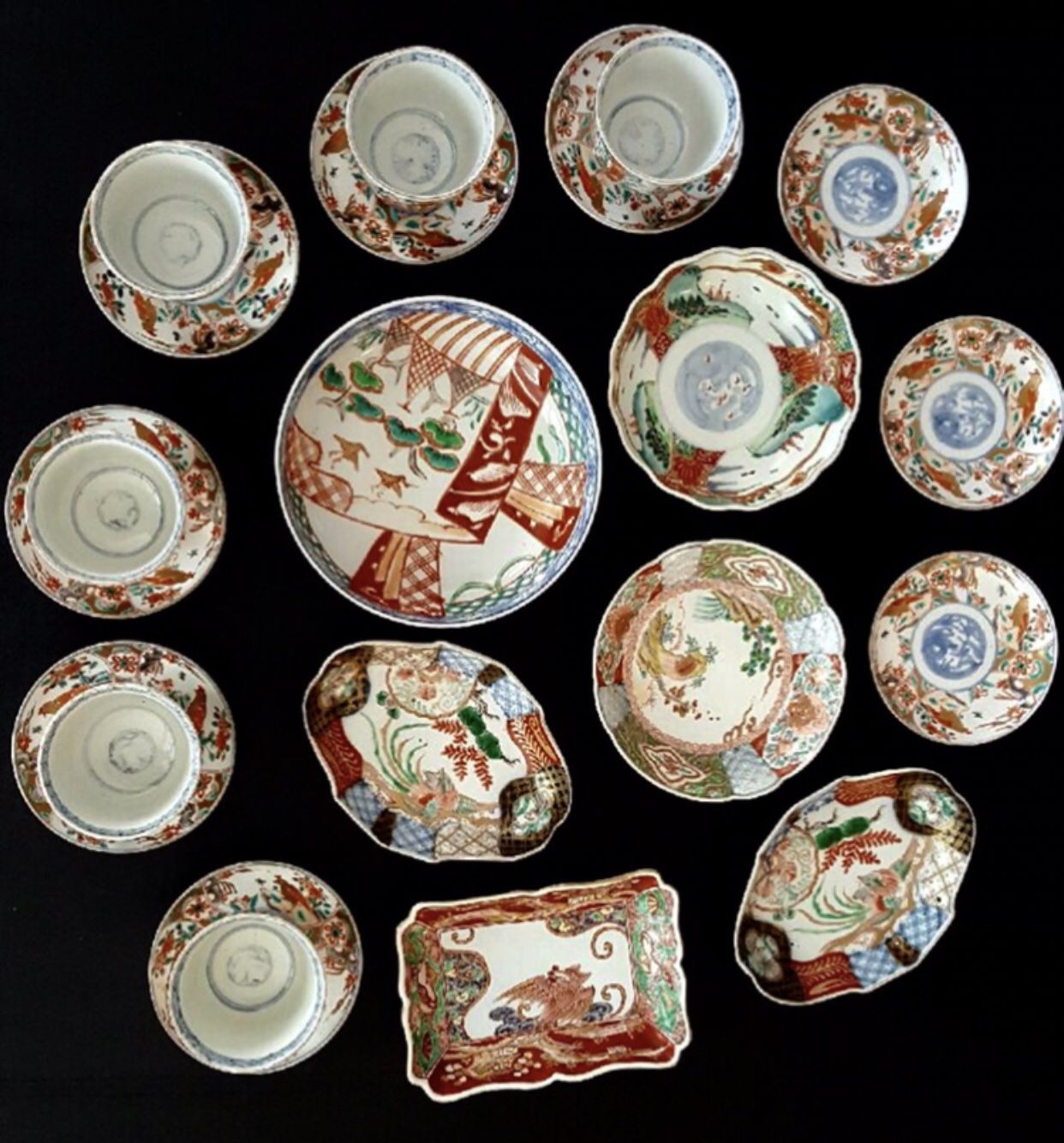 21 Ancient Imari Porcelain Teacup Sets, Plates, etc