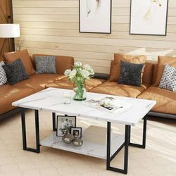 2Tier Faux Marble Coffee Table with Storage Shelves, Modern Rectangular Coffee Table and Metal Frame