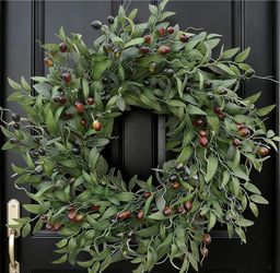 Olive Wreath 26 Inch Wreaths for Front Door with Purely Handmade Realistic Dense Olive Leaf Olive Berry
