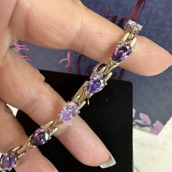 925 Sterling Silver -year Drop Shaped Purple Stone Tennis Bracelet - Size 7.5 - Gold Over Silver - And Is GORGEOUS 