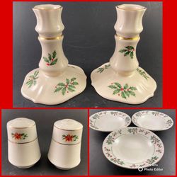 Christmas Holly Berry Lot—Lenox Candle Holders, Salt & Pepper, Gibson Bowls 