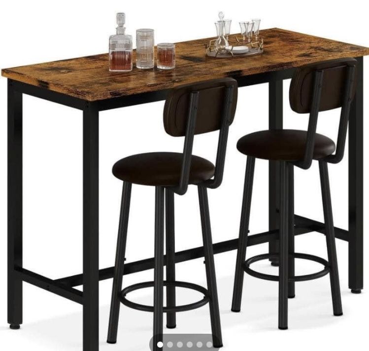 39.5" x15.7”Bar Table Set of 2,Pub Height Table & 2 PU Upholstered Stools with Backrest,3 Piece Breakfast Bar Table Sets,for Living Room,Kitchen,Bar,R