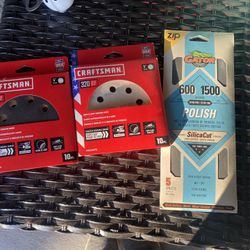 sanding products, including Craftsman hook-and-loop sanding discs in 220 and 320 grits, and Gator-branded polishing sheets