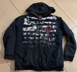 Vintage Y2K MMA Elite Hoodie Men's L Sherpa Lined Zip Up Jacket Cross Faded Distress Mode Holes shown in pic, Inside of pocket torn & Stains All give 