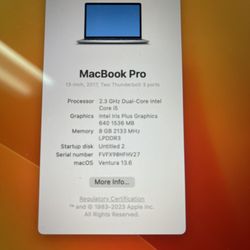 2017 Macbook Pro, 13Inch, i5 core, 8 GB, with warranty