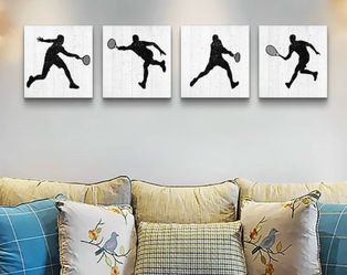 4 Panels Modern Giclee Prints Artwork bedroom Wall Decor office Canvas Wall Art for Living Room sports movement Plays Tennis Black and white watercolo