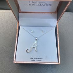 SILVER PLATED DIAMOND LETTER A NECKLACE & MATCHING EARRINGS