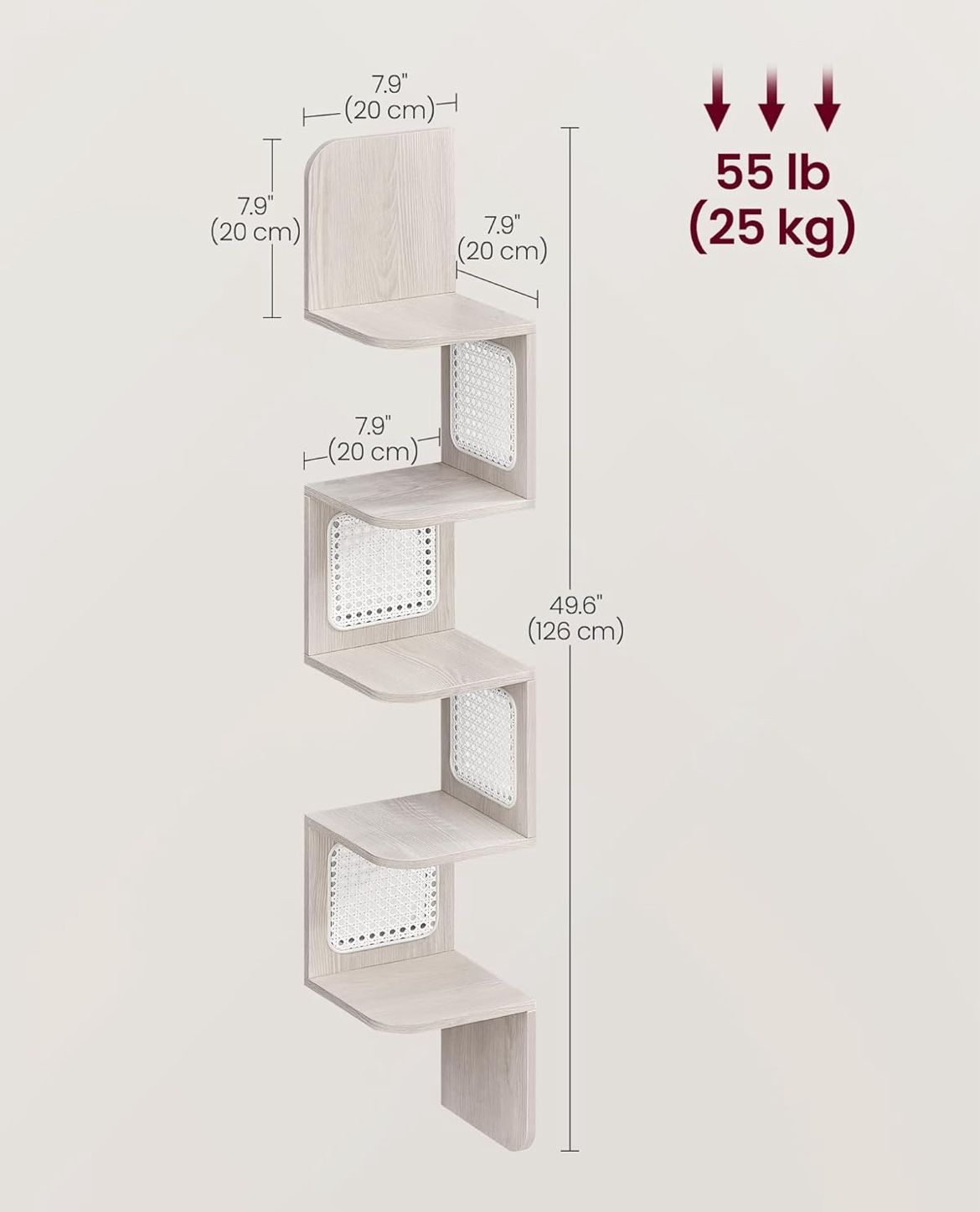 VASAGLE 5-Tier Corner Shelf Wall Mounted PVC Rattan Sides Boho Style - Oatmeal Beige