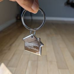 House Shaped w Chimney Key Chain. Polished Chrome Congratulations New Home Lucky Charm, Good Fortune. Sturdy Metal