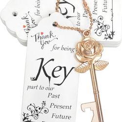 100 PCS Rose Flower Shaped Keys Wedding Favors Gift for Guest Bulk Skeleton Key Bottle Opener with Card and Chain for Rustic Party Bridal Showers Deco