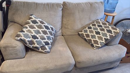 Beige Fabric Five-Seater Sofas with Throw Pillows