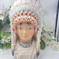 CYBIS Native American Headdress Bust Sculpture Ceramic 12” Vintage Art 