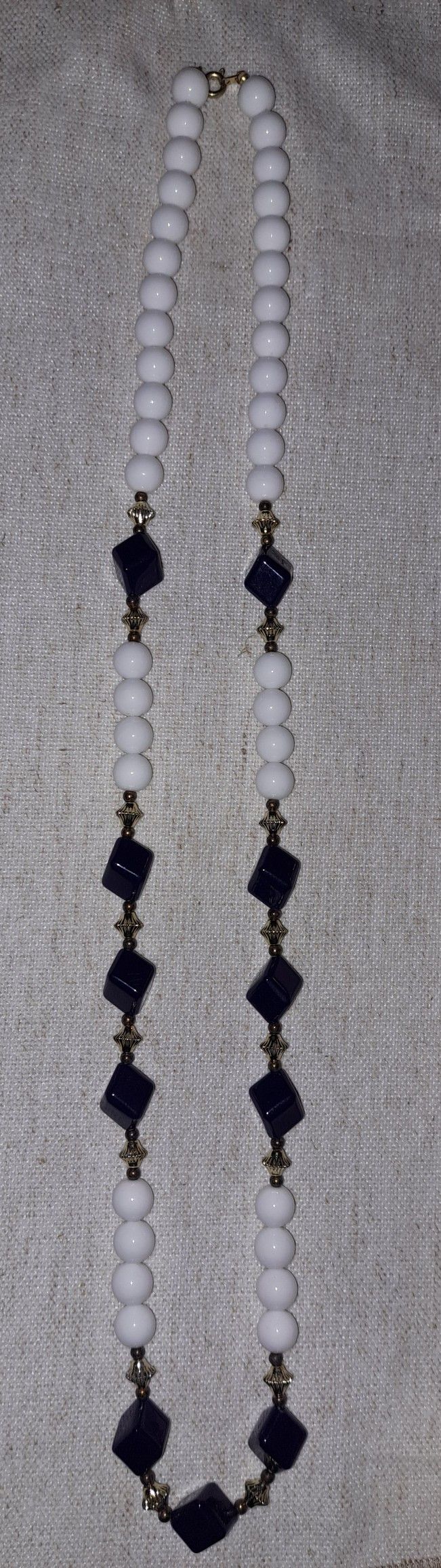 White Round Navy Blue Cube Beaded Necklace