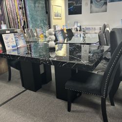 Black Marbled Style Top Dining Table Set W/4 Free Microfiber Chairs For Sale (we Deliver)