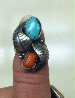 Vintage sterling silver turquoise and coral ring