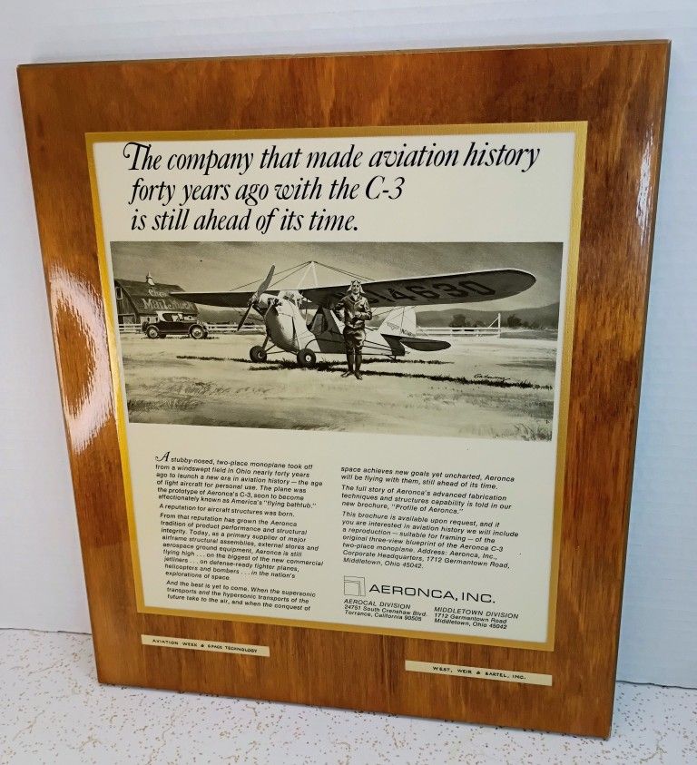 Mid Century Vintage Aviation Magazine Ad Plaque for Aeronca Inc. by PermaPlaque