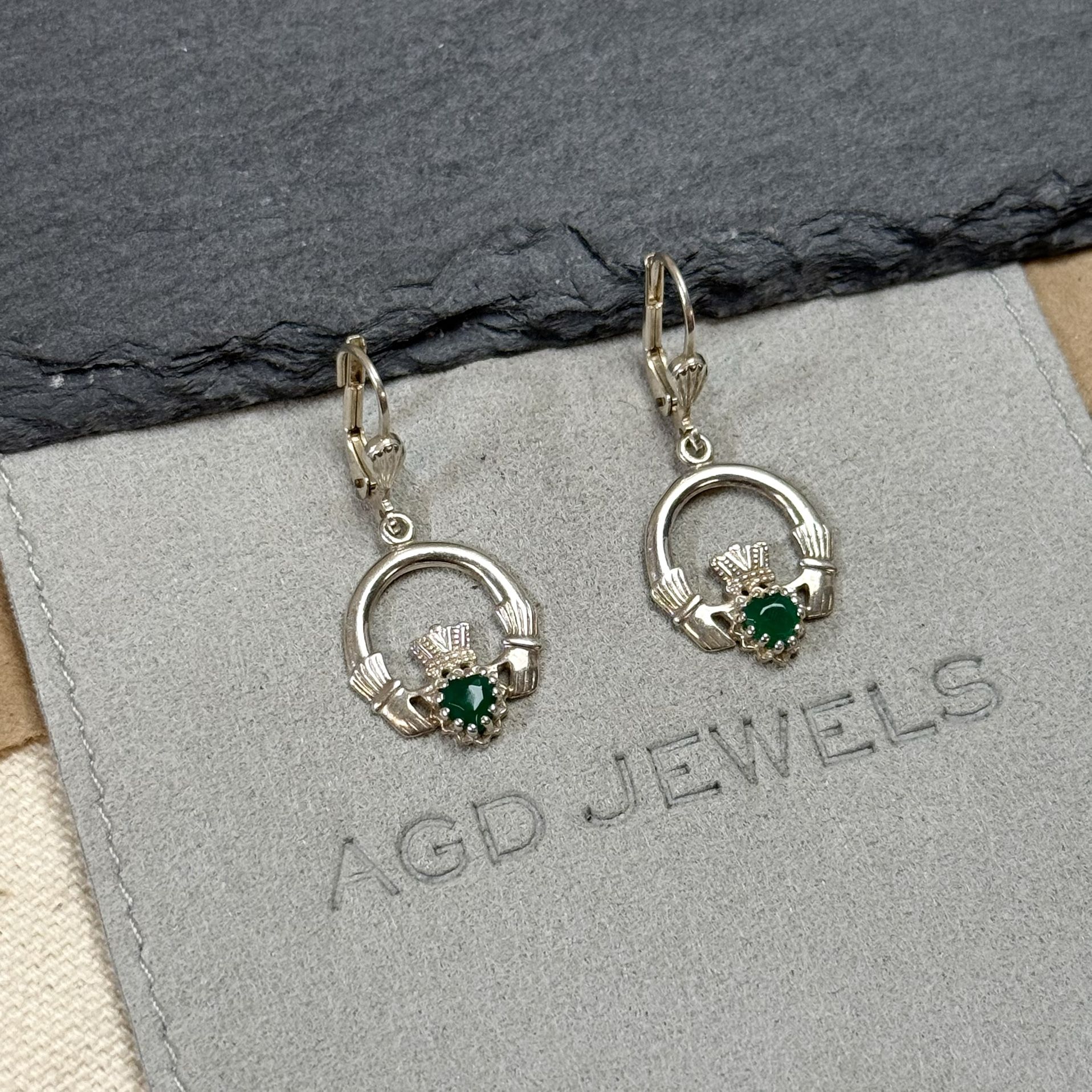 Sterling Silver 925 Emerald Irish Celtic CLADDAGH Drop Dangle Earrings