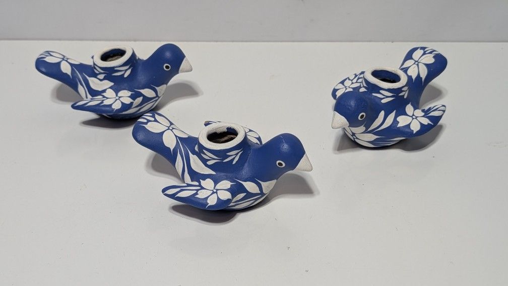 Set of 3 Vintage Hand-Painted Blue Bird Candle Holders Folk Art Pottery 5.5"