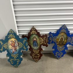 3 vintage hand-painted  Talavera wall cross  Padre Pio / Santo Niño de Atocha / angel  