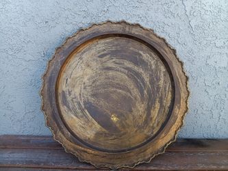 Vintage Round Brass Tray with Scalloped Edge