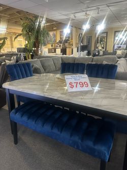 Brand New Marble Top Dining Table with 4 Chairs and Bench