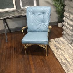  Vintage Gold Metal Chair With Blue Water Proof Cushions