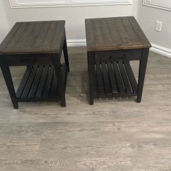 Pair of Wooden End Tables with Drawers & Shelf – Matching Set