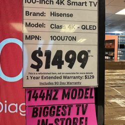 Hisense 100-Inch 4K Smart TV – Class 4K QLED, 144Hz (100U70N)