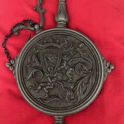 Vintage Ornate Pewter Gun Powder Flask with Coat of Arms & Horse Rider Motif