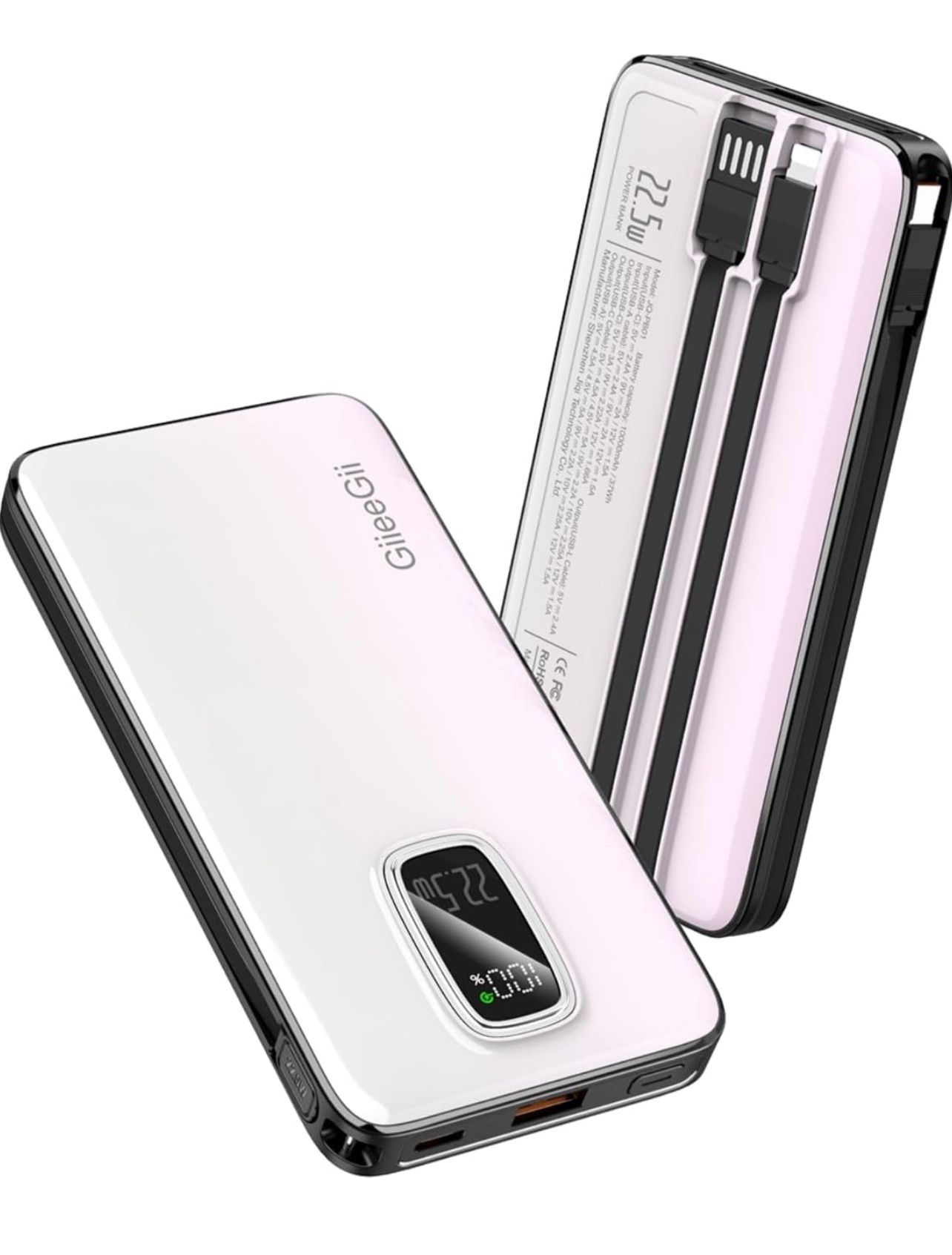 10000mAh 22.5W Fast Charging Power Bank with Built in USB-C,USB-A& iOS Cable,Battery Backup