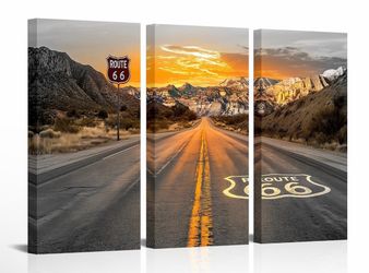 Route 66 Canvas Wall Art Route 66 Decor Artwork Landscape Scenery Sunrise in California Route 66 Road Picture Prints, 16''x31.5''x3