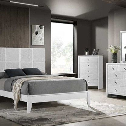 ✅️✅️✅️4 pc  white wood textured panels finish queen bedroom set(Mattress & Tall chest not included)✅️