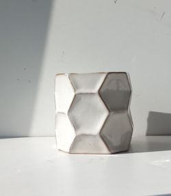 Vintage Glazed Ceramic Texture geometric plant pot / plant planter/ Flower pot Patio Garden white gold trim