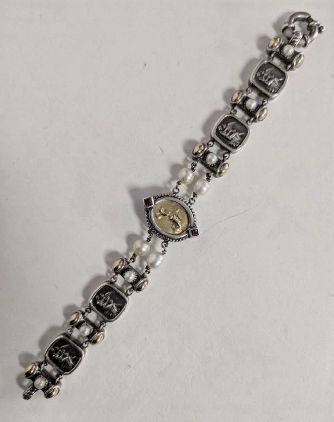 FREE SHIPPING! Flli Menegatti Italy 925 Sterling Silver 18k Tagliamonte Gold Bracelet w/Pearls & Rubies 8”