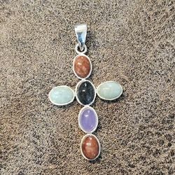 Multi Stone 925 Sterling Silver Cross Pendant 