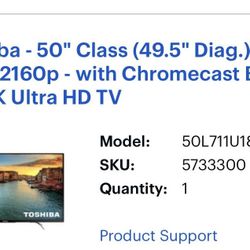Toshiba 50” Remote, Stands And Power Cord 