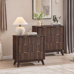 E754 +E754 $180  Fluted Nightstand Set of 2, 32" Night Stand with 3 Storage Drawers, Modern Bedside Table for Bedroom, Living Room, Dark Walnut  Mater