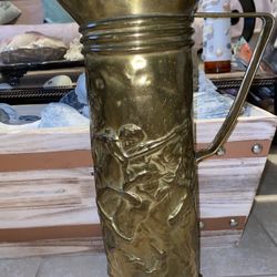 Vintage Handmade Solid Brass Engraved Pitcher/Vase With Handle 13” H by 4” Diameter