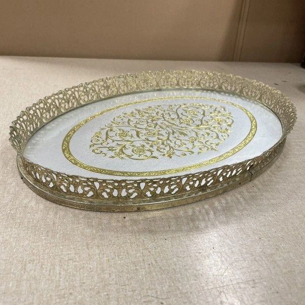 VTG GOLD METAL & GLASS ORNATE VANITY TRAY FLORAL MCM HOLLYWOOD REGENCY OVAL